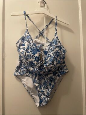 Blue and White Floral Two Piece Swimsuit